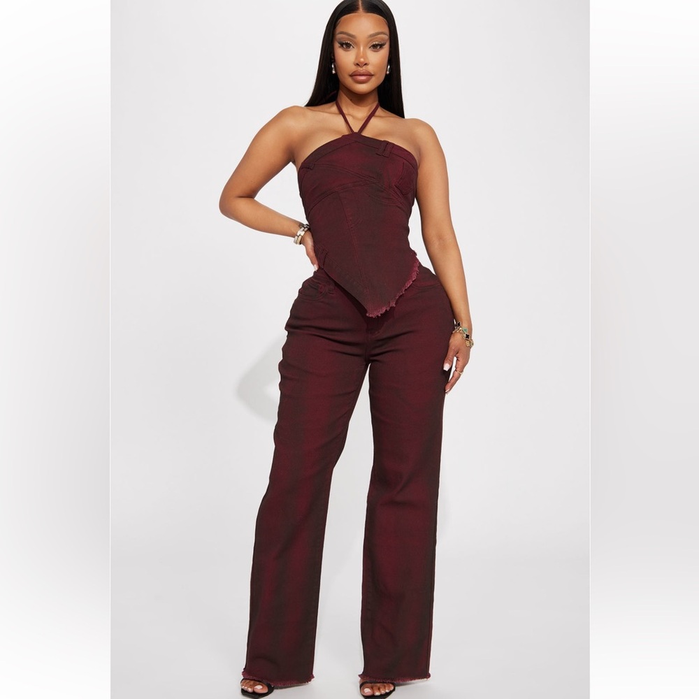 Next Level Washed Denim Pant Set - Wine
